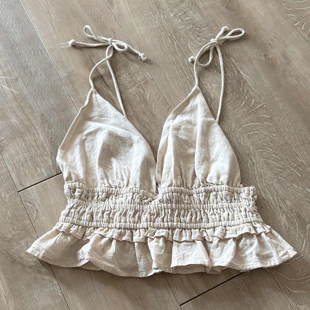 BNWT SIM & SAM Cream Halter Crop Top Size Medium Cotton/Linen